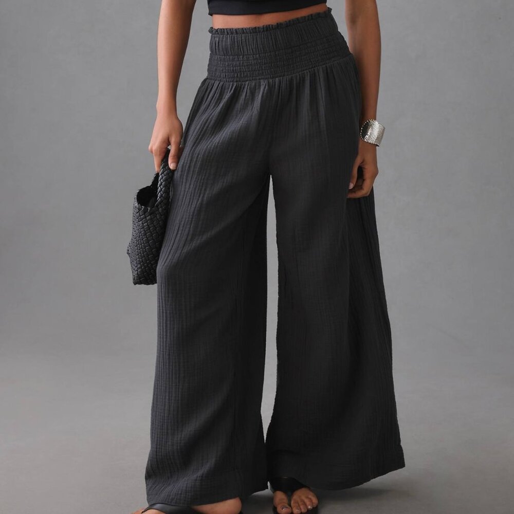 Anthropologie Black Wide-Leg Smocked Gauze Pants Cotton | Women’s Small